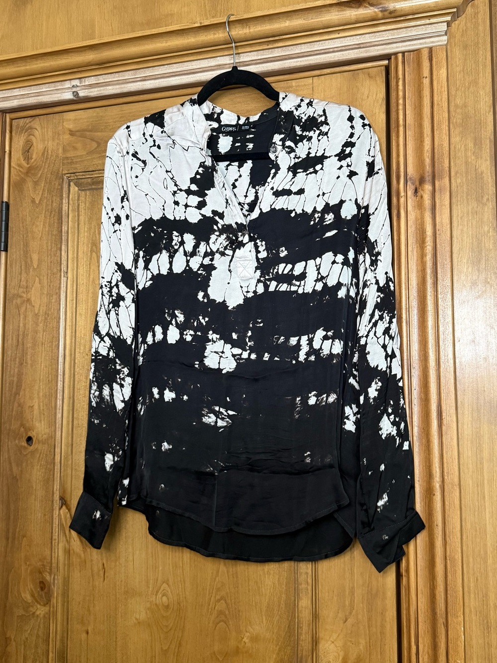Gypsy 05 Global Village Black Ivory Tie Dye High Low Button Blouse Size Small